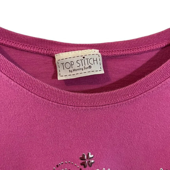 Top Stitch Pink Crewneck T Shirt Rhinestone Studded Applique Hearts Short Sleeve - Picture 7 of 7